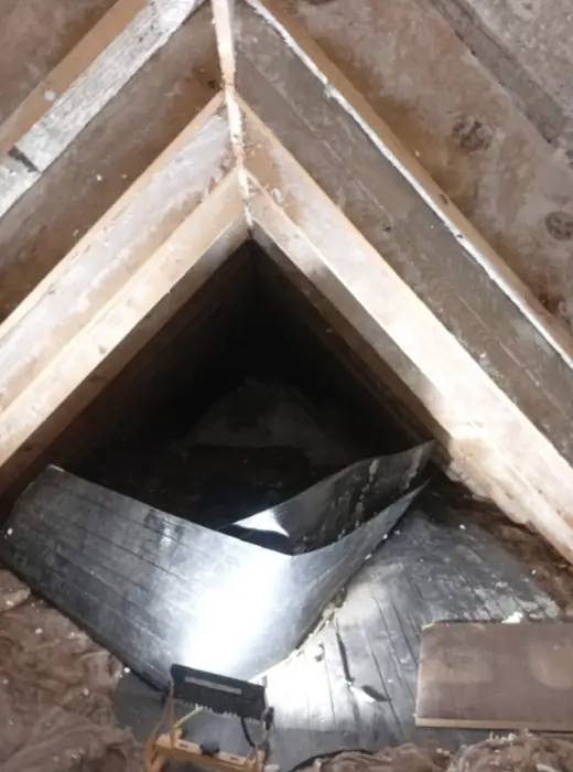 Foam stripped back and roof timbers exposed, Carter Langfold