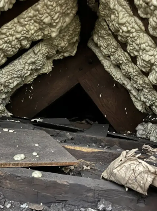 Foam stripped back and roof timbers exposed, Carter Langfold