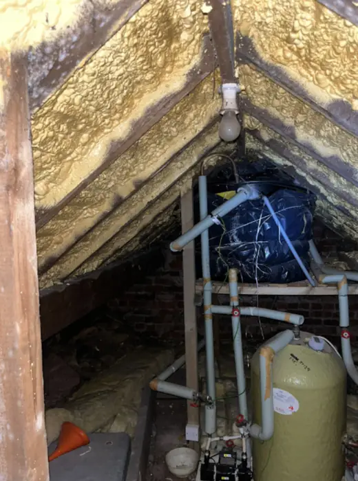 Foam stripped back and roof timbers exposed, Carter Langfold