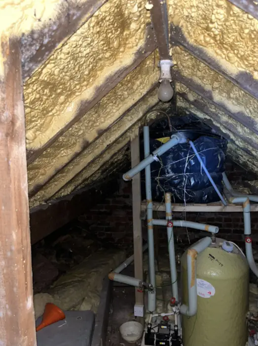 Foam stripped back and roof timbers exposed, Carter Langfold