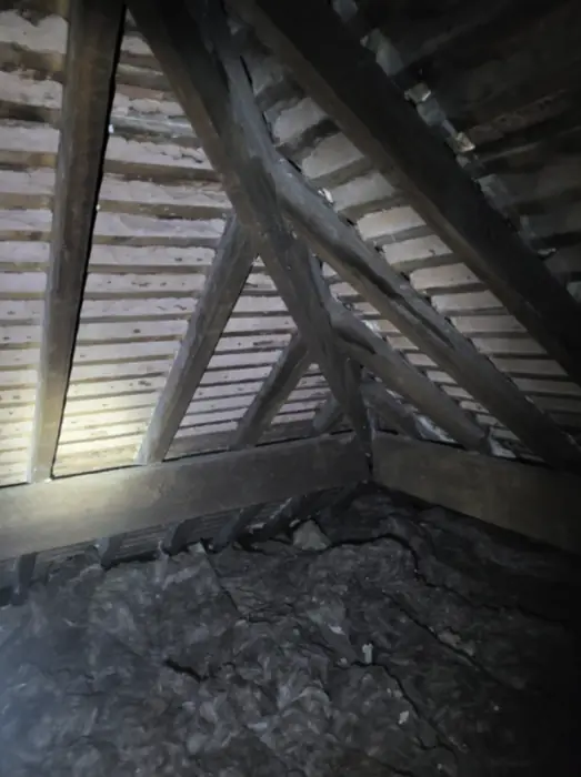 Foam stripped back and roof timbers exposed, Carter Langfold