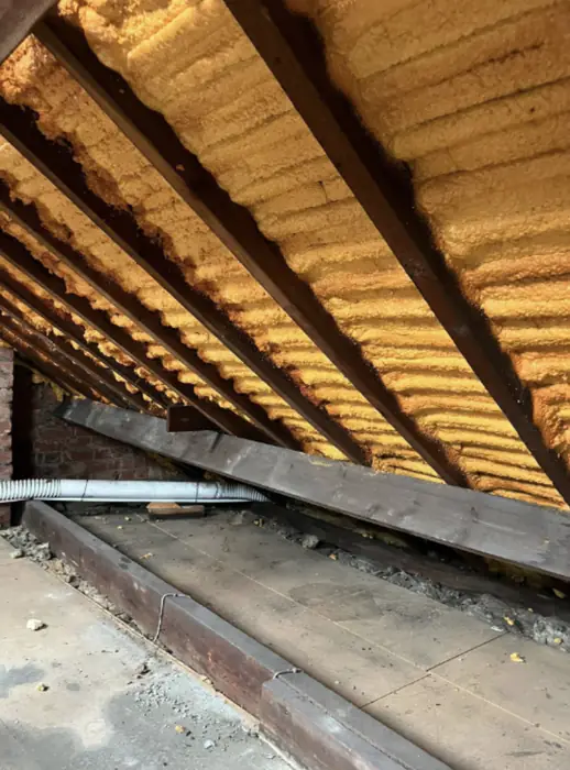Foam stripped back and roof timbers exposed, Carter Langfold